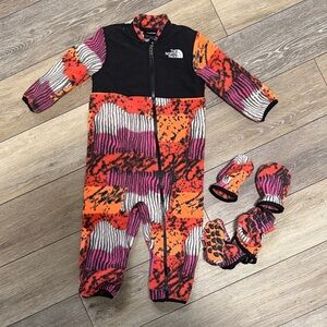The North Face Kids Orange, Pink & Black Patterned Fleece One-Piece with Mittens